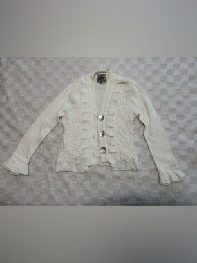 Curio Women’s Textured Knit & Ruffle Accent Cream Cardigan Sweater • Medium